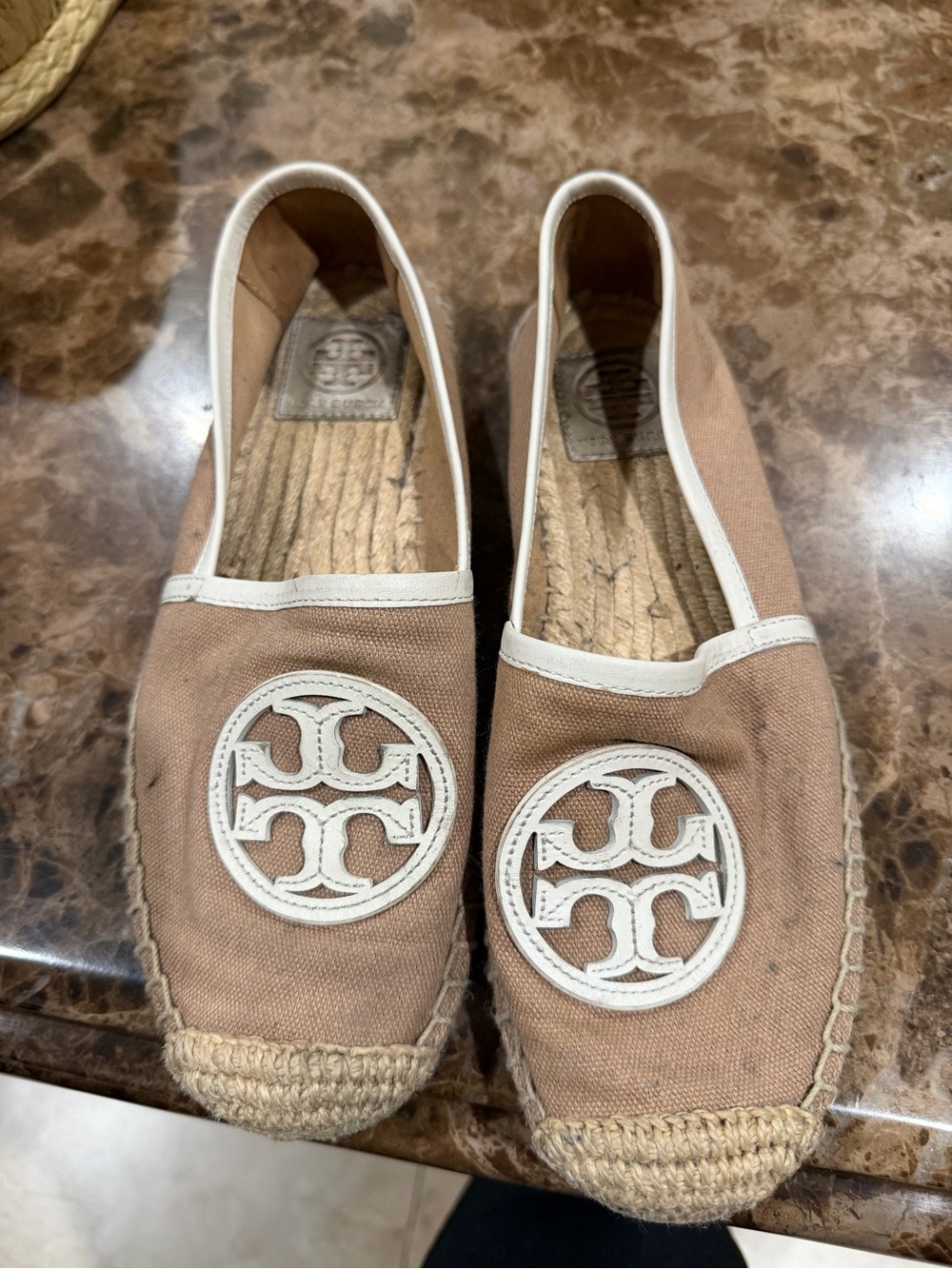 Tory Burch Tan Canvas Logo Espadrille Slip-Ons